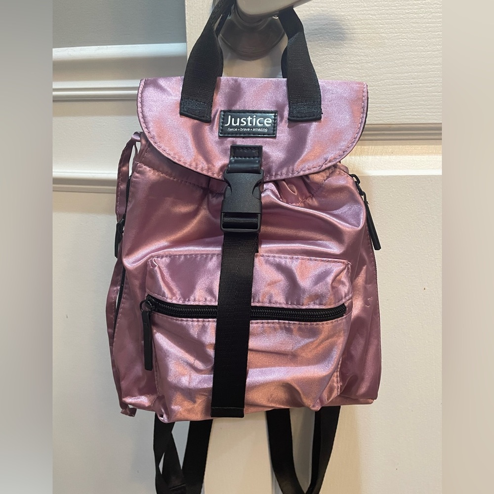 Justice Mini Backpack Purple Metallic Drawstring Closure, Perfect for Tween